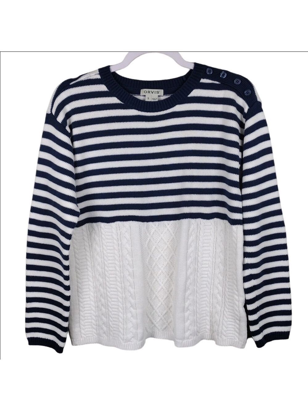 Orvis Navy Striped White Cable Knit  Button Shoulder Long Sleeve Sweater Top